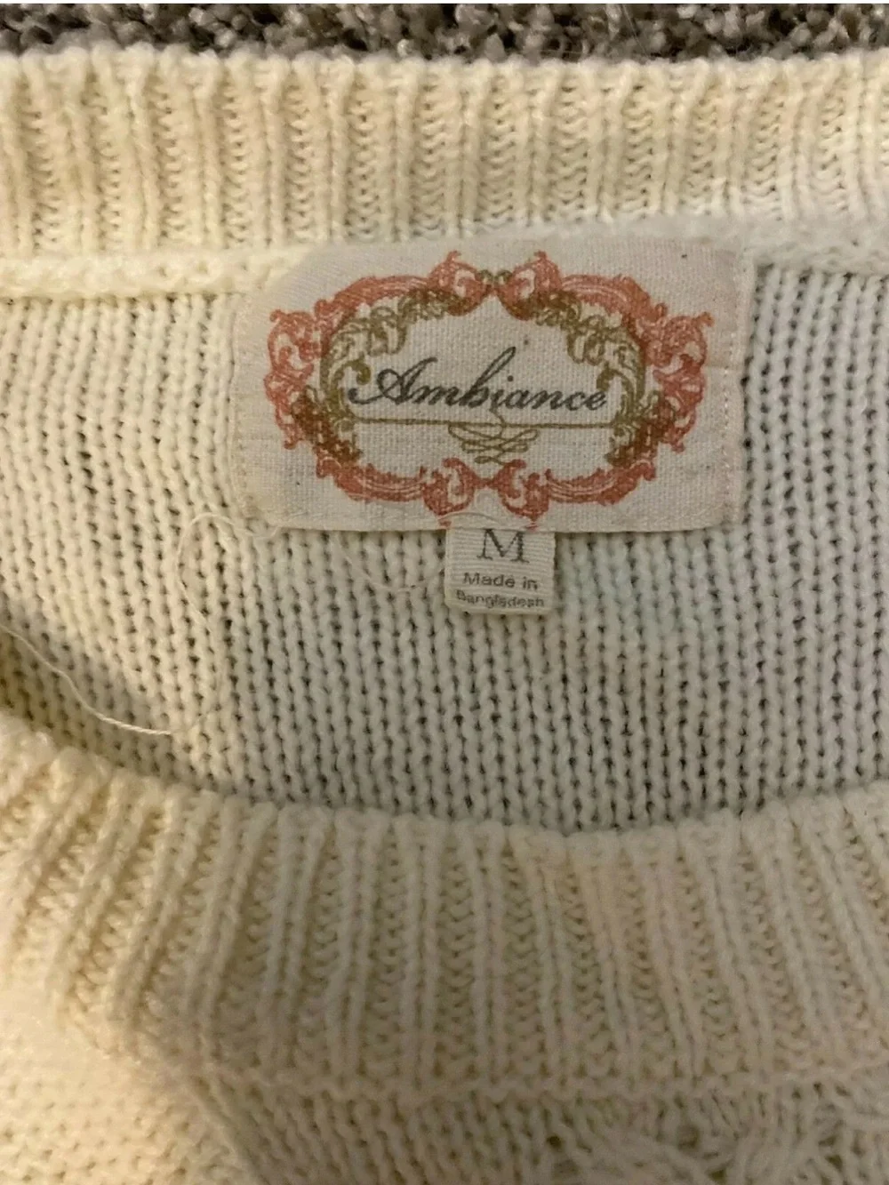 Ambiance Size Medium Cream Cable Knit Crewneck Sweater-008